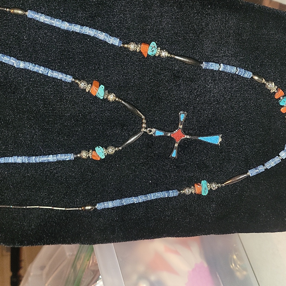 Double stranded Silver & turquoise & Coral Inlay cross necklace
